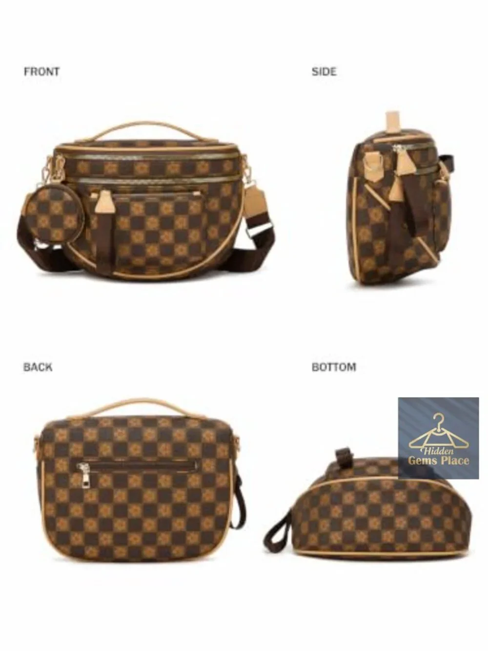Vegan Leather Crossbody Bag with Adjustable Strap, Large Capacity, Checkered
